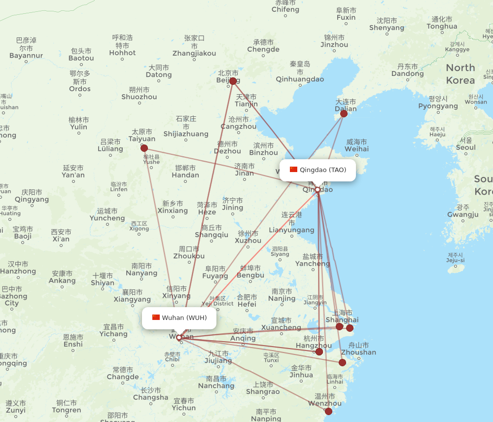 TAO to WUH flights and routes map