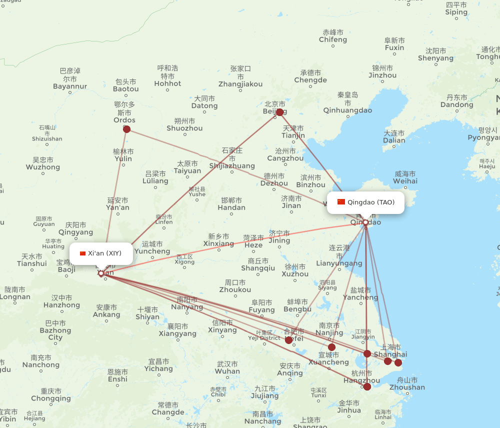 TAO to XIY flights and routes map
