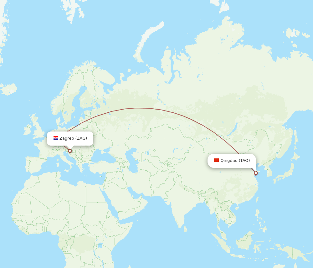 Zagreb - Qingdao route map and flight paths