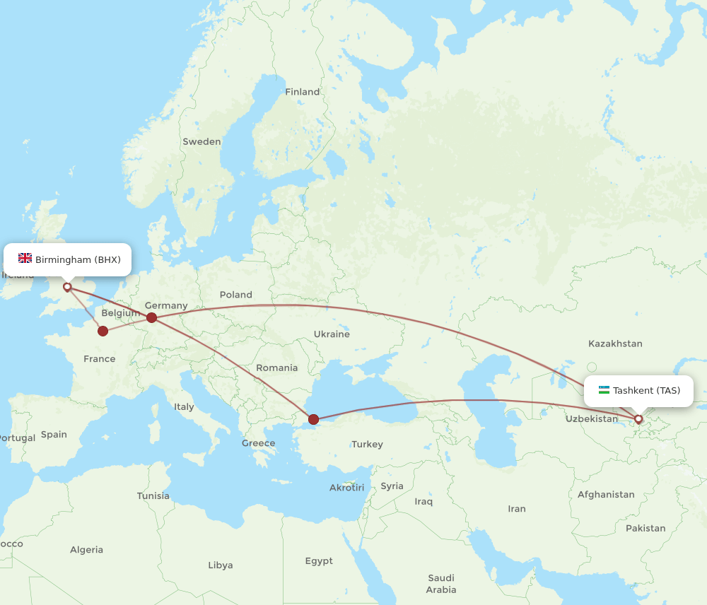 TAS-BHX flight routes