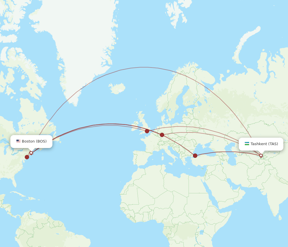 TAS to BOS flights and routes map