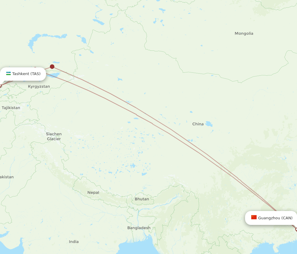 Guangzhou - Tashkent route map and flight paths