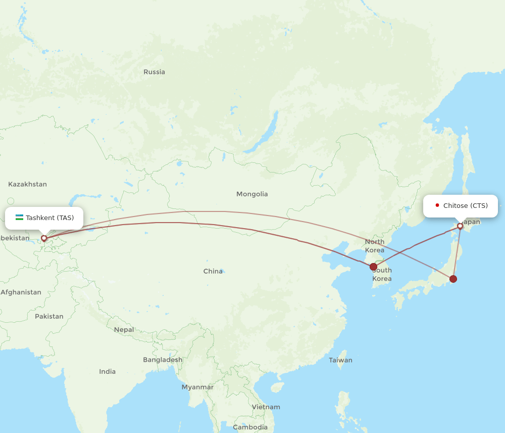 Sapporo - Tashkent route map and flight paths
