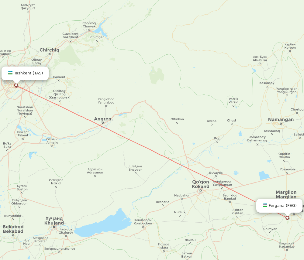 Tashkent - Fergana route map and flight paths