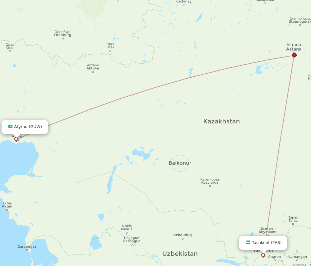 TAS-GUW flight routes