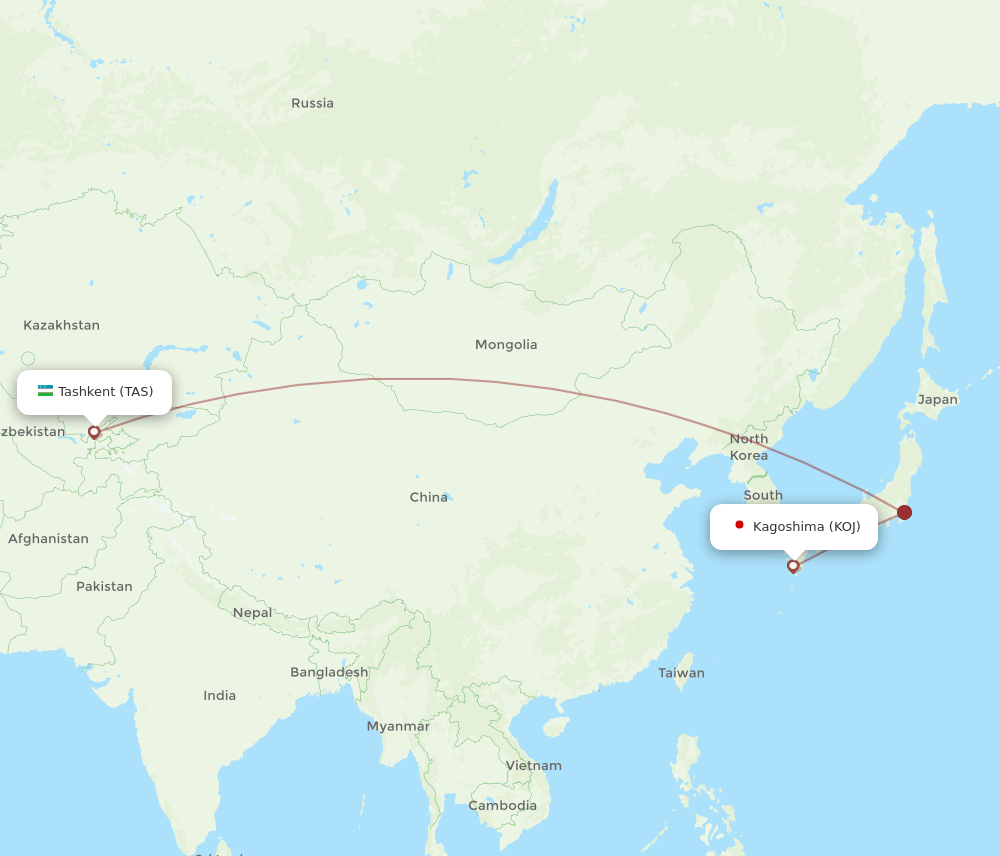 Kagoshima - Tashkent route map and flight paths