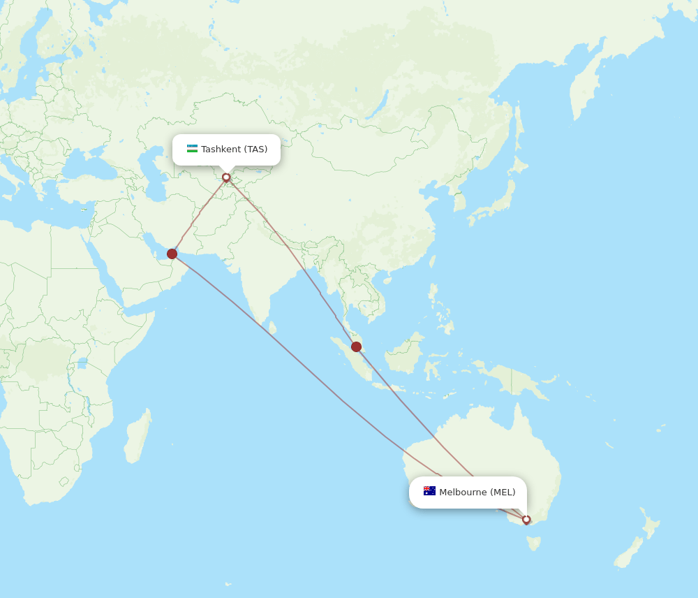 Melbourne - Tashkent route map and flight paths