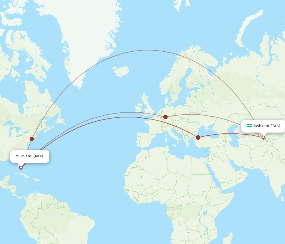 TAS to MIA flights and routes map