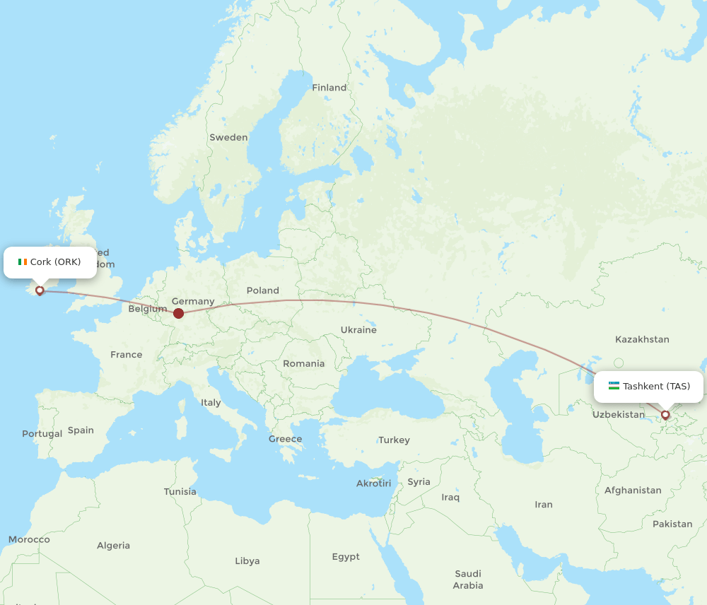 Cork - Tashkent route map and flight paths