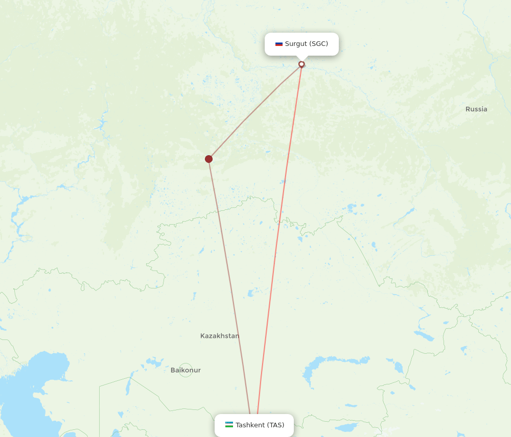 Tashkent - Surgut route map and flight paths