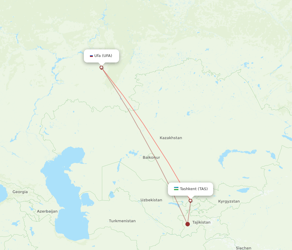 Tashkent - Ufa route map and flight paths