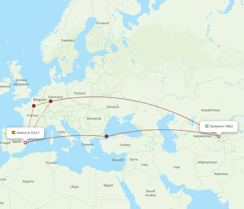 TAS to VLC flights and routes map