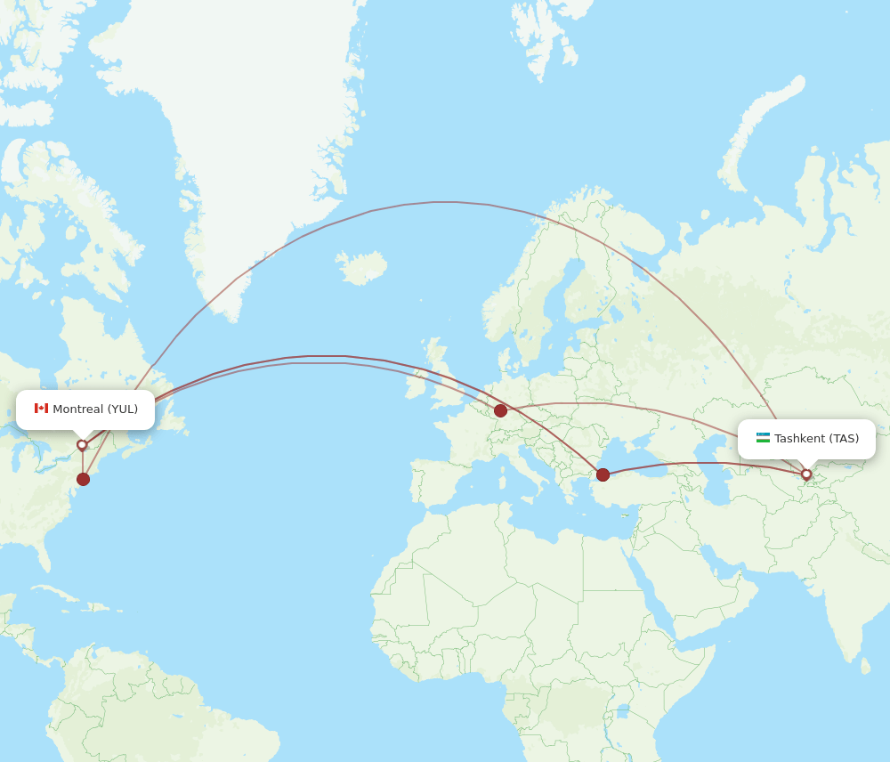 Montreal - Tashkent route map and flight paths