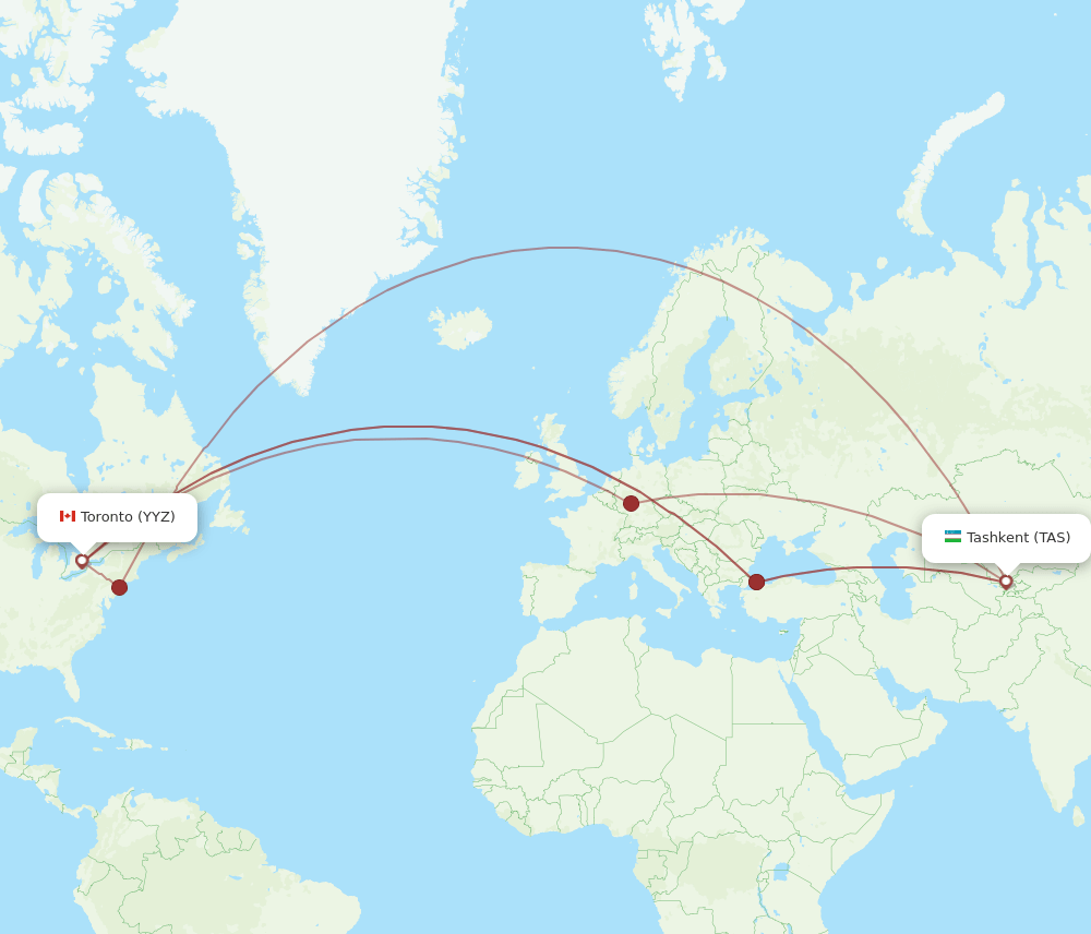 Toronto - Tashkent route map and flight paths