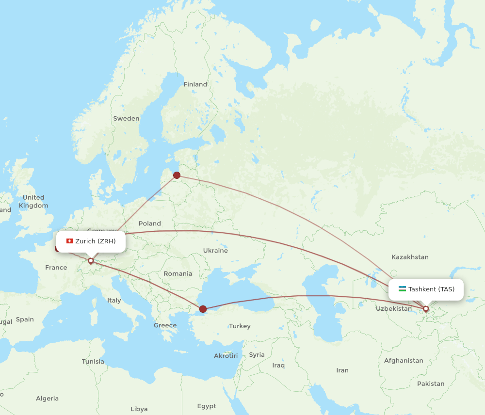 Zurich - Tashkent route map and flight paths