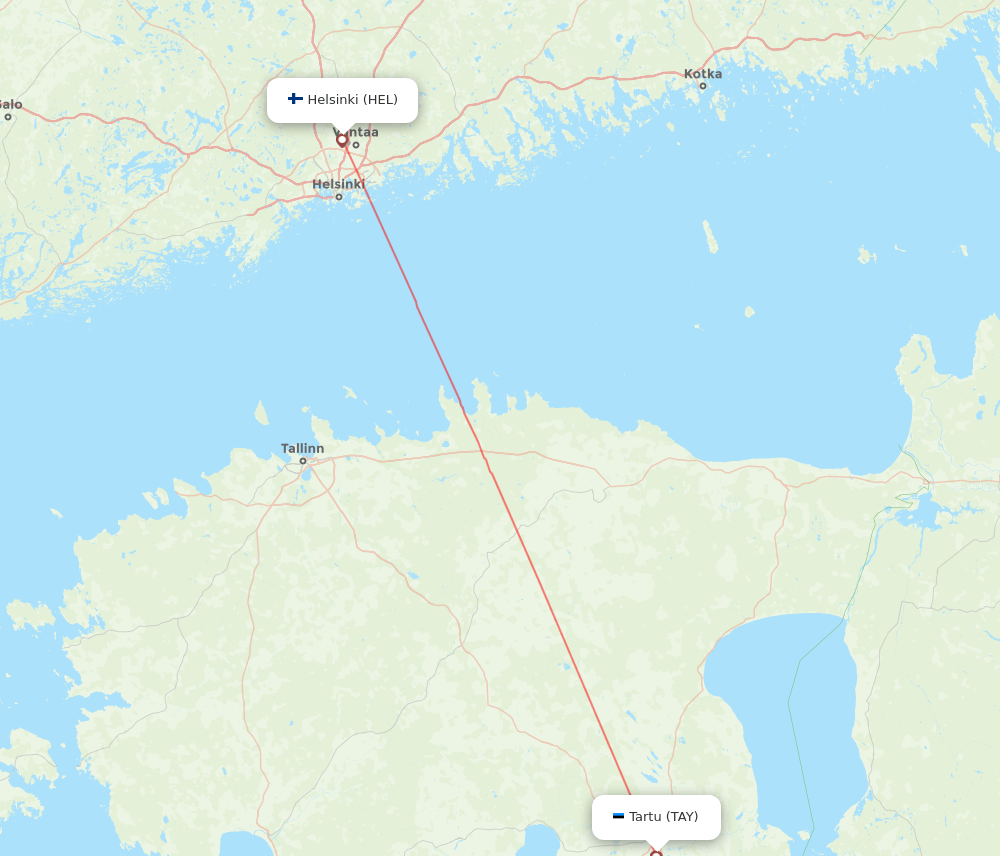 Tartu - Helsinki route map and flight paths