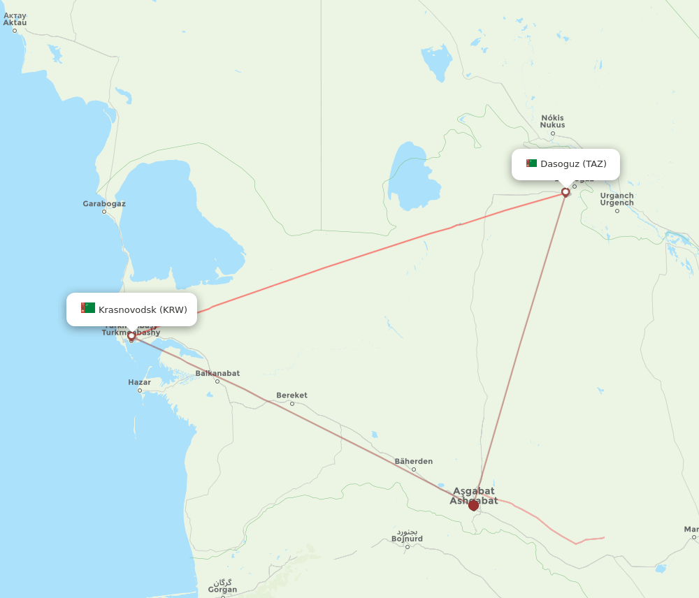 TAZ to KRW flights and routes map