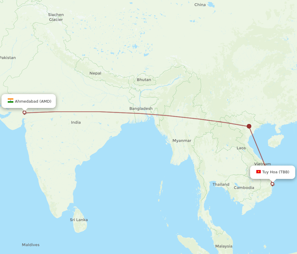 Tuy Hoa - Ahmedabad route map and flight paths