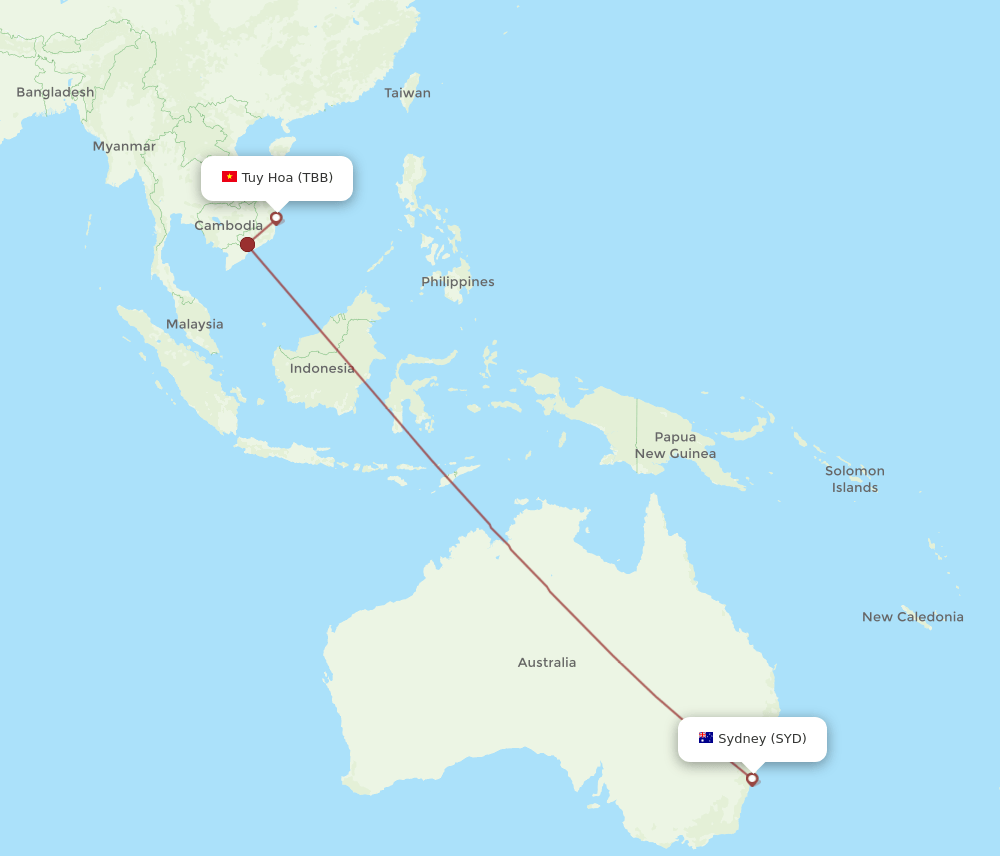 Sydney - Tuy Hoa route map and flight paths