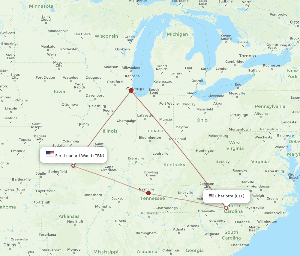 TBN to CLT flights and routes map