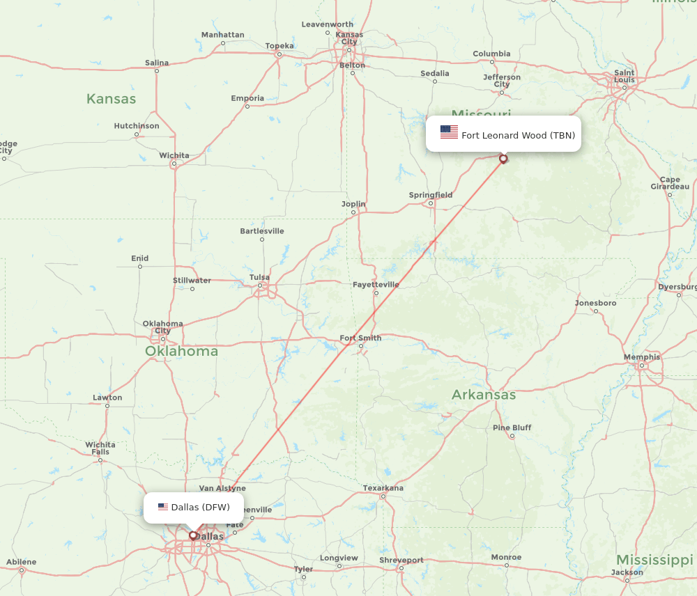 Fort Leonard Wood - Dallas route map and flight paths