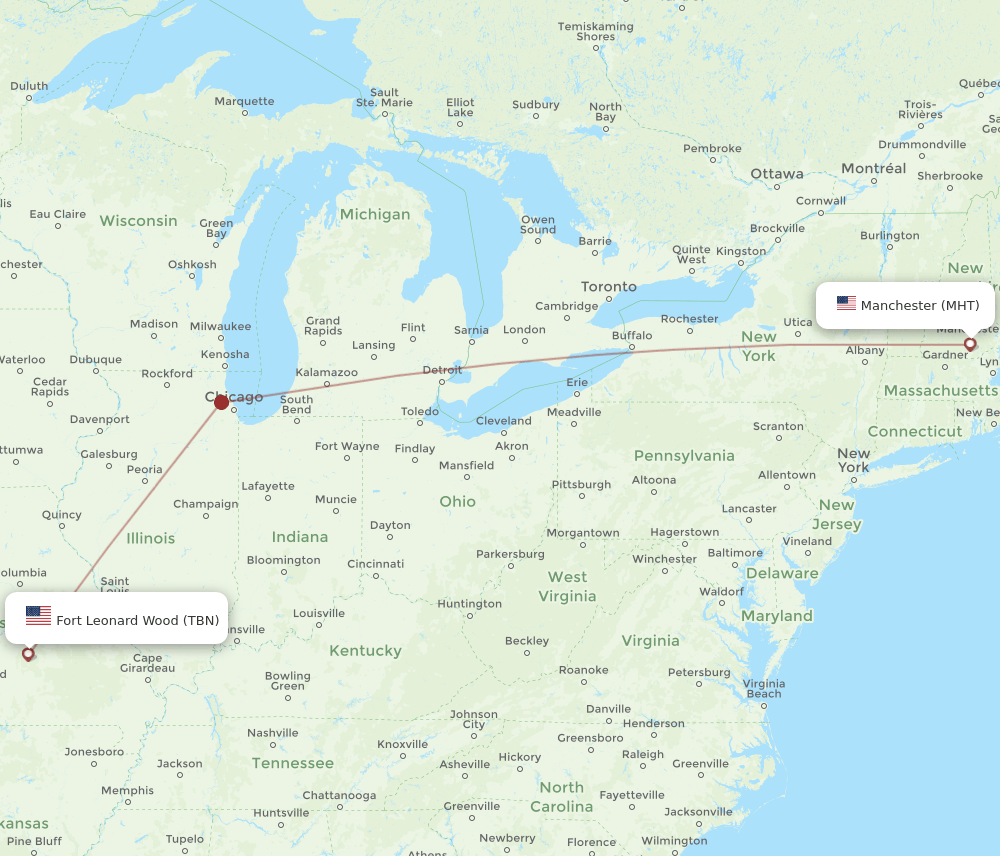 Fort Leonard Wood - Manchester route map and flight paths