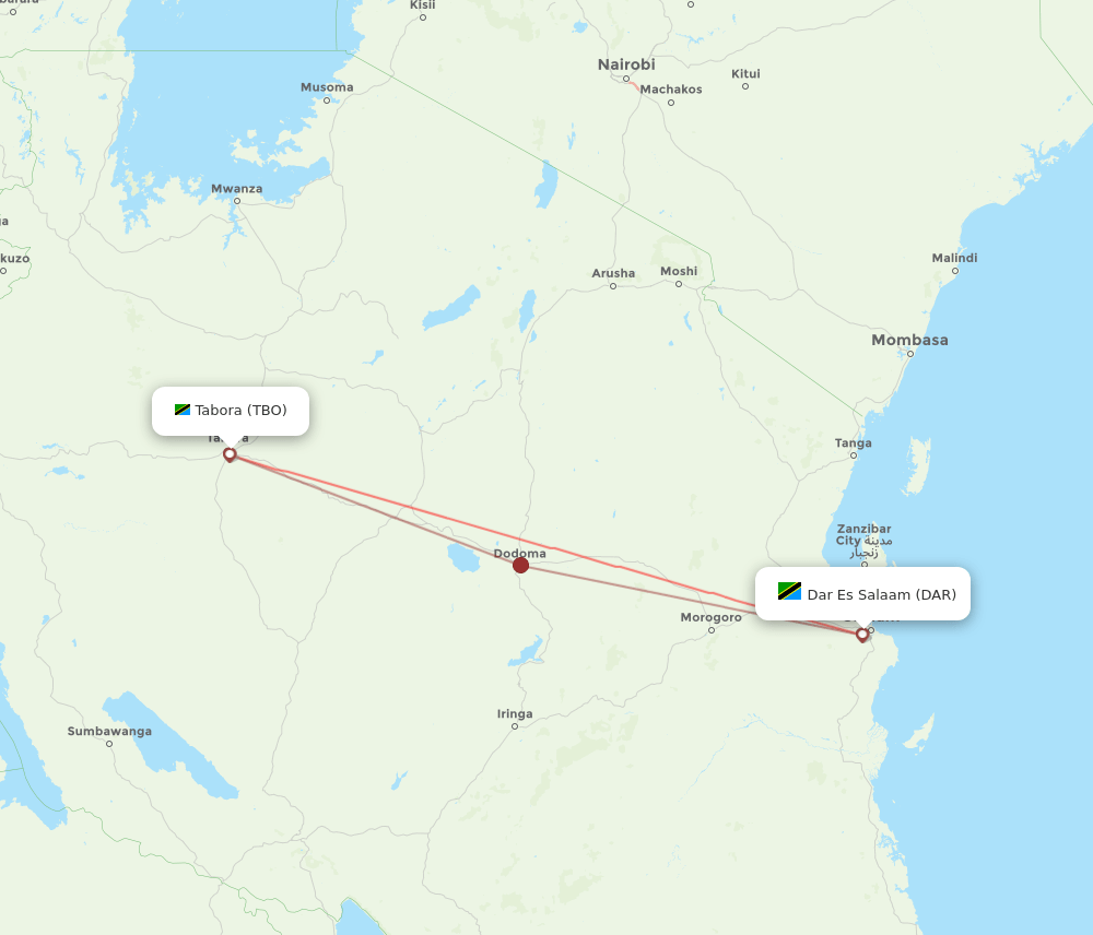 Tabora - Dar Es Salaam route map and flight paths