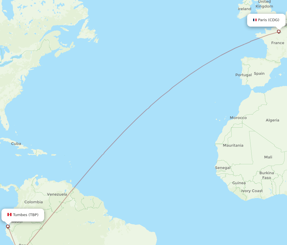 TBP to CDG flights and routes map