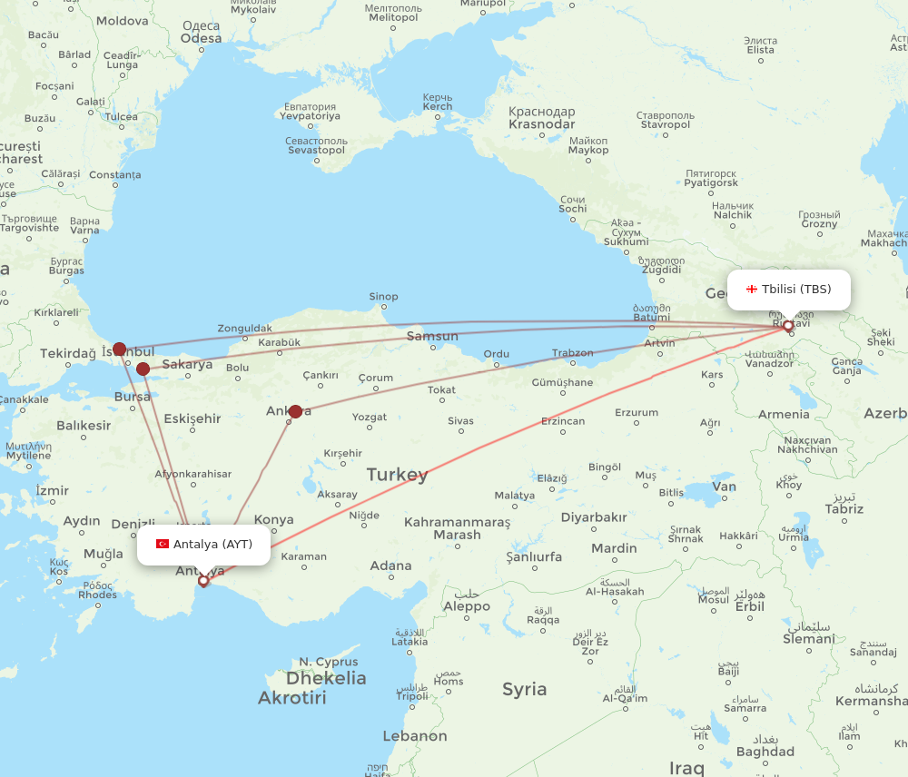 TBS to AYT flights and routes map