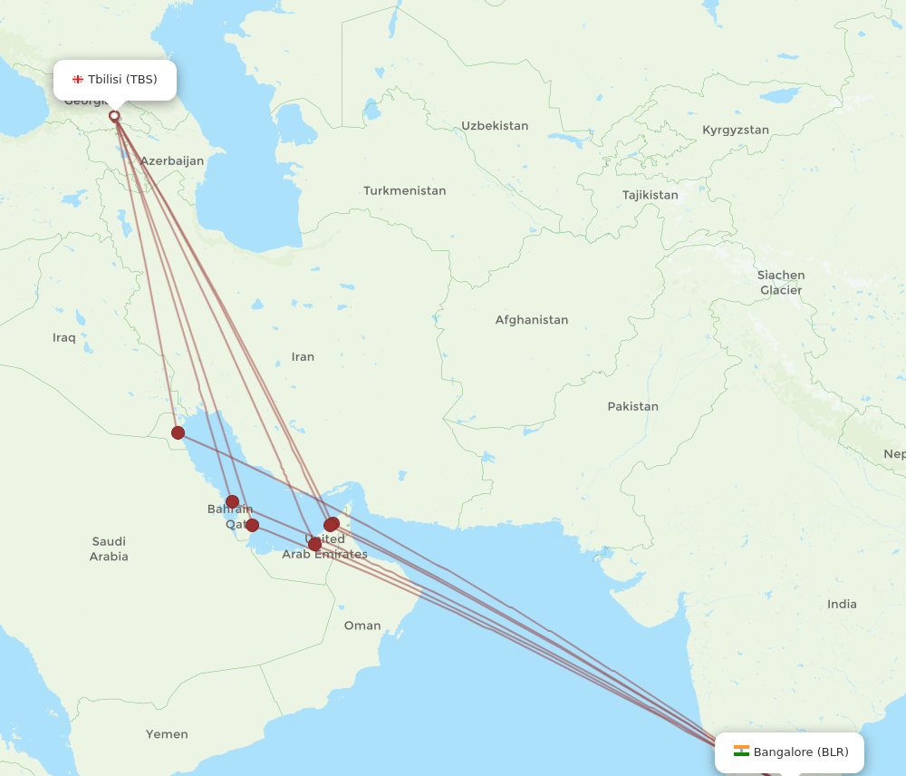 TBS to BLR flights and routes map