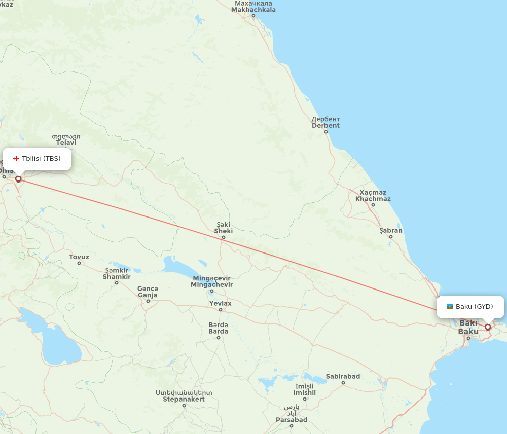 Tbilisi - Baku route map and flight paths