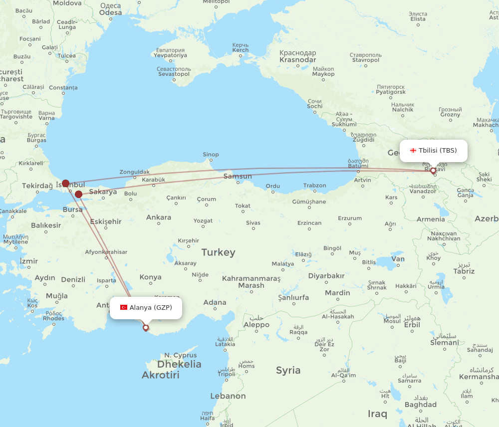 TBS to GZP flights and routes map