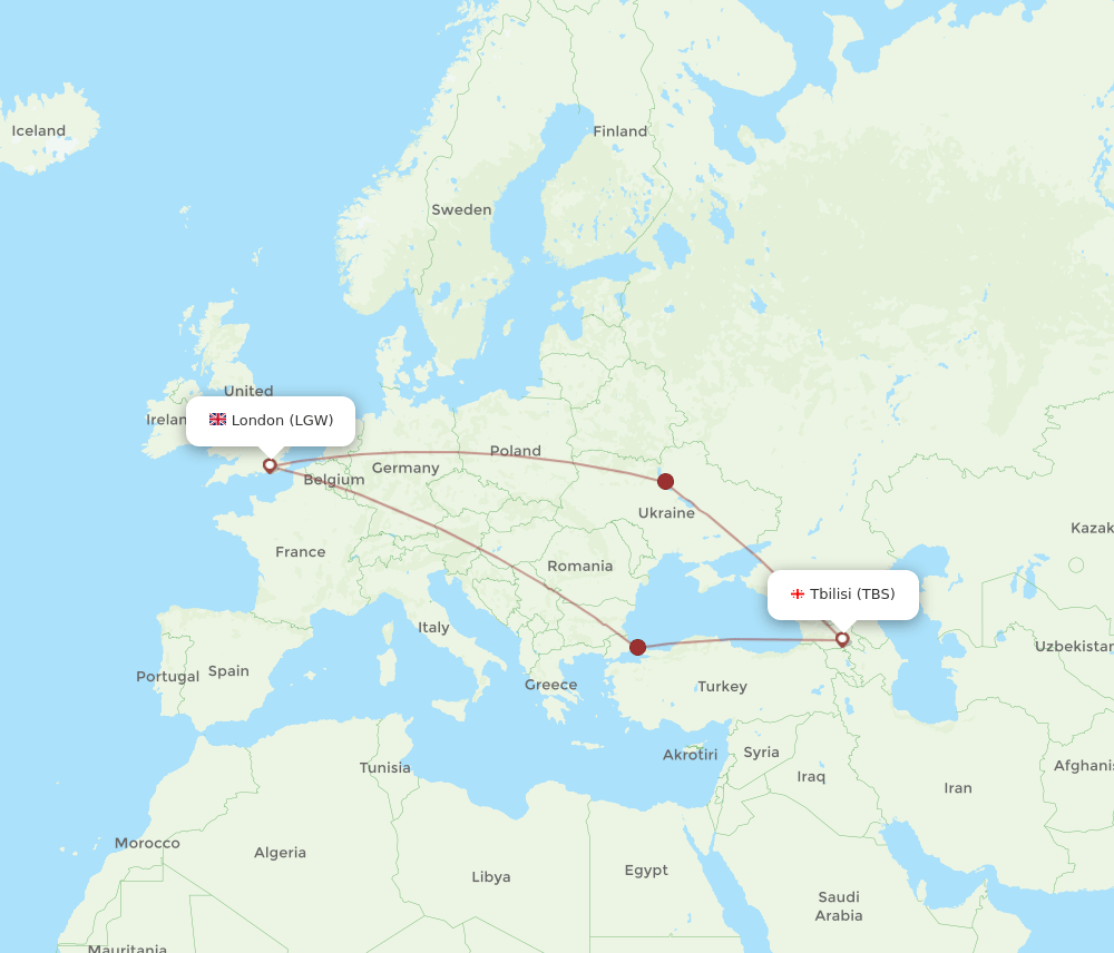 TBS to LGW flights and routes map