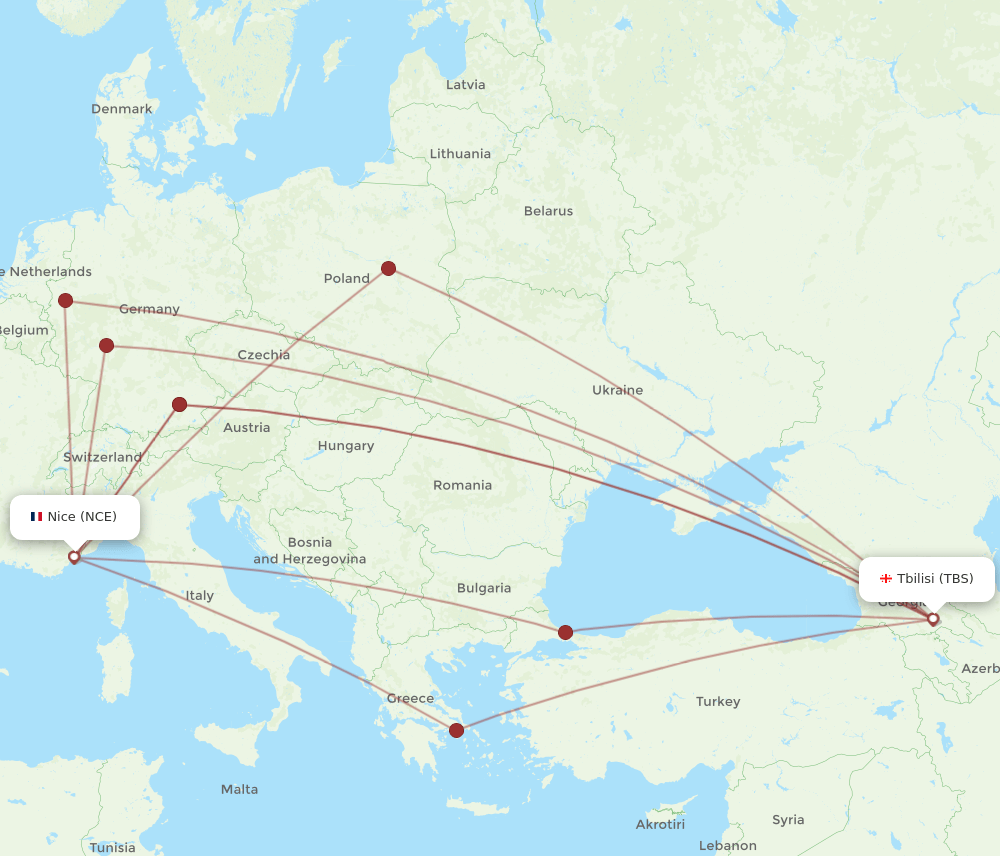 TBS to NCE flights and routes map