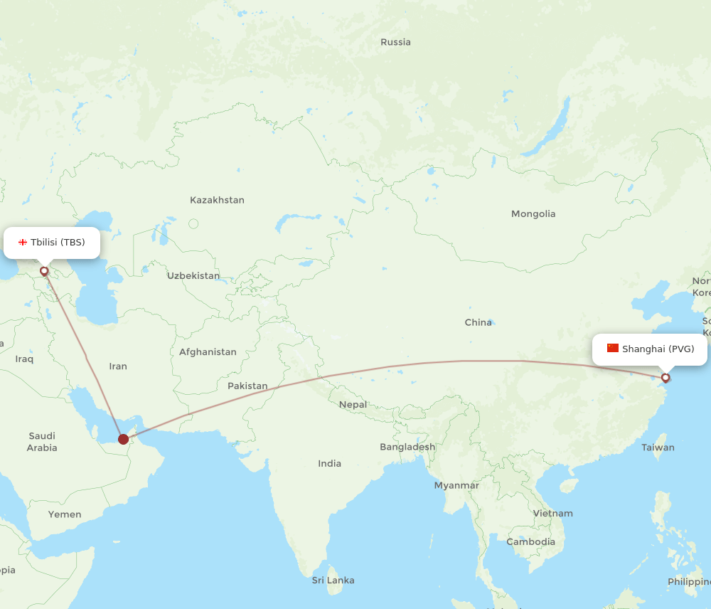 Shanghai - Tbilisi route map and flight paths