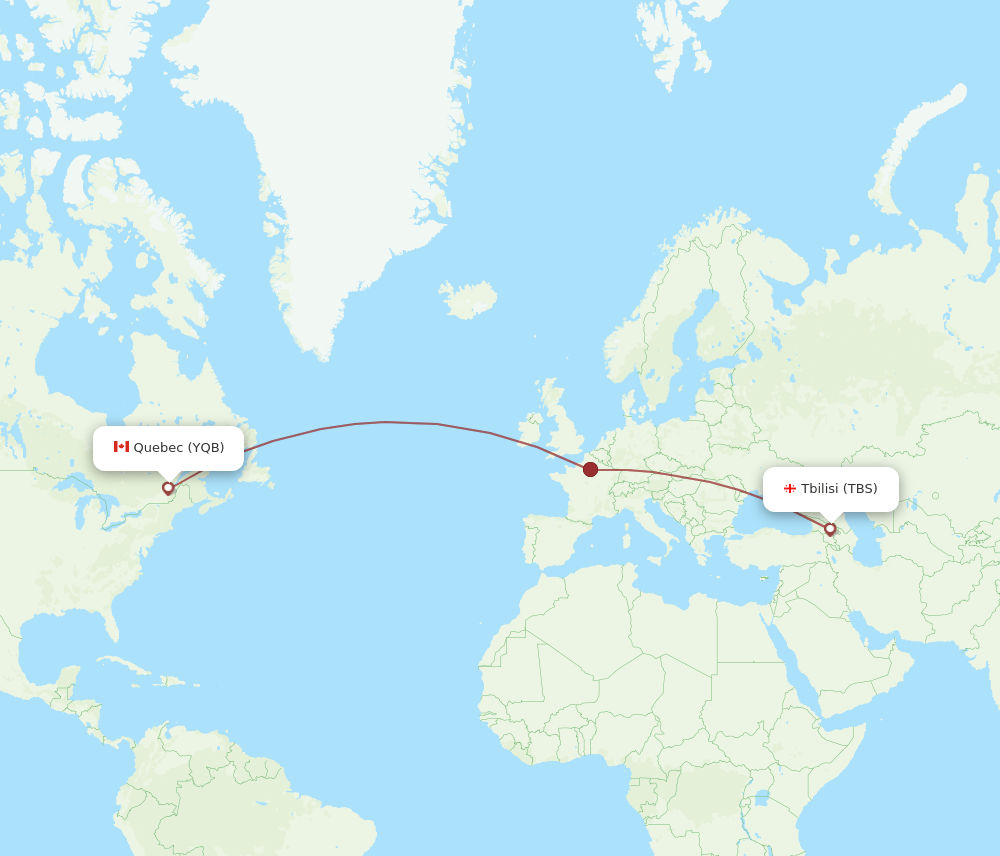 Quebec - Tbilisi route map and flight paths