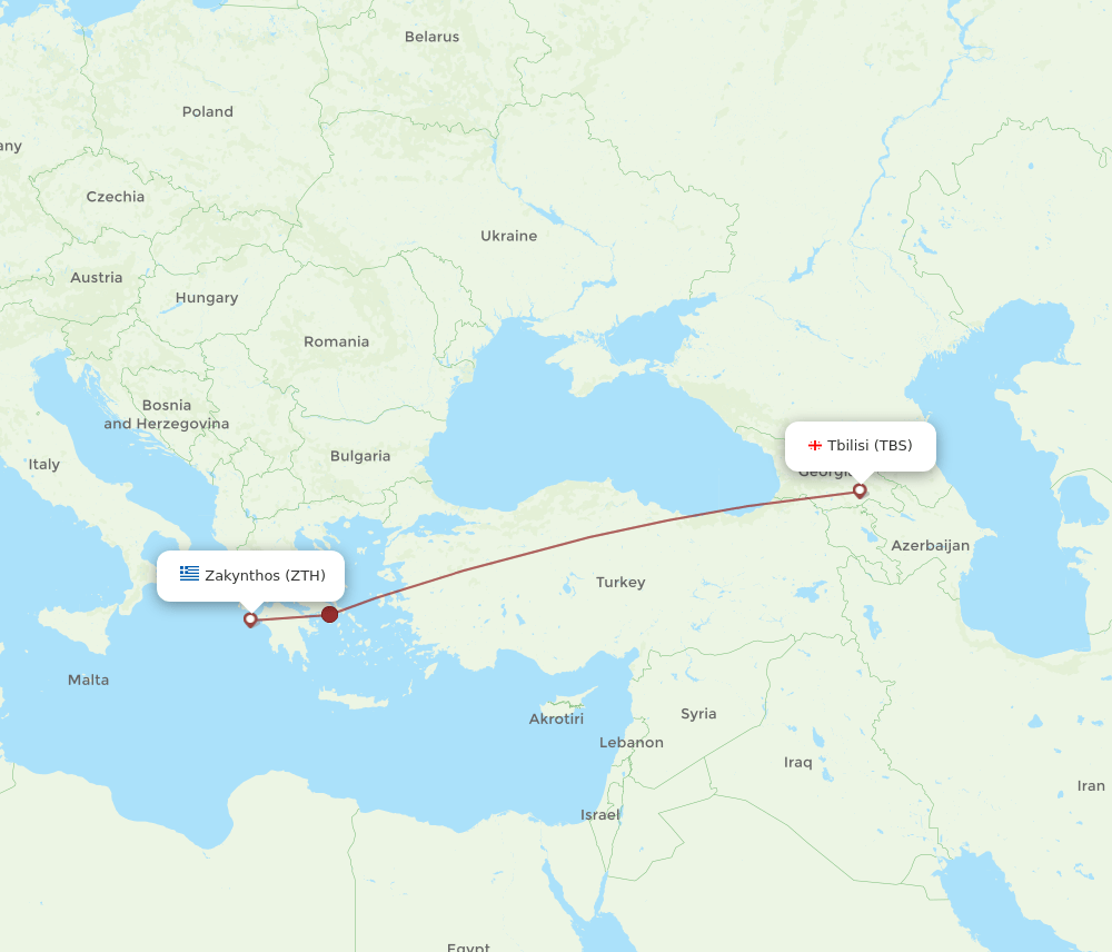 Zakinthos - Tbilisi route map and flight paths