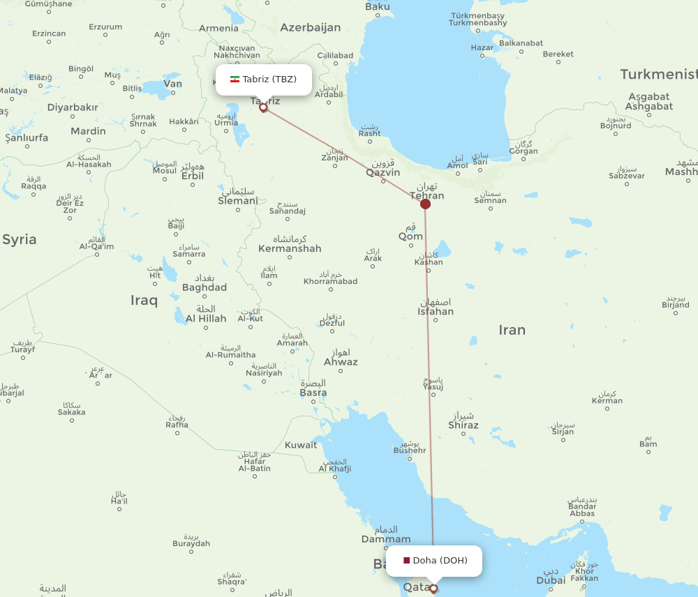 Doha - Tabriz route map and flight paths