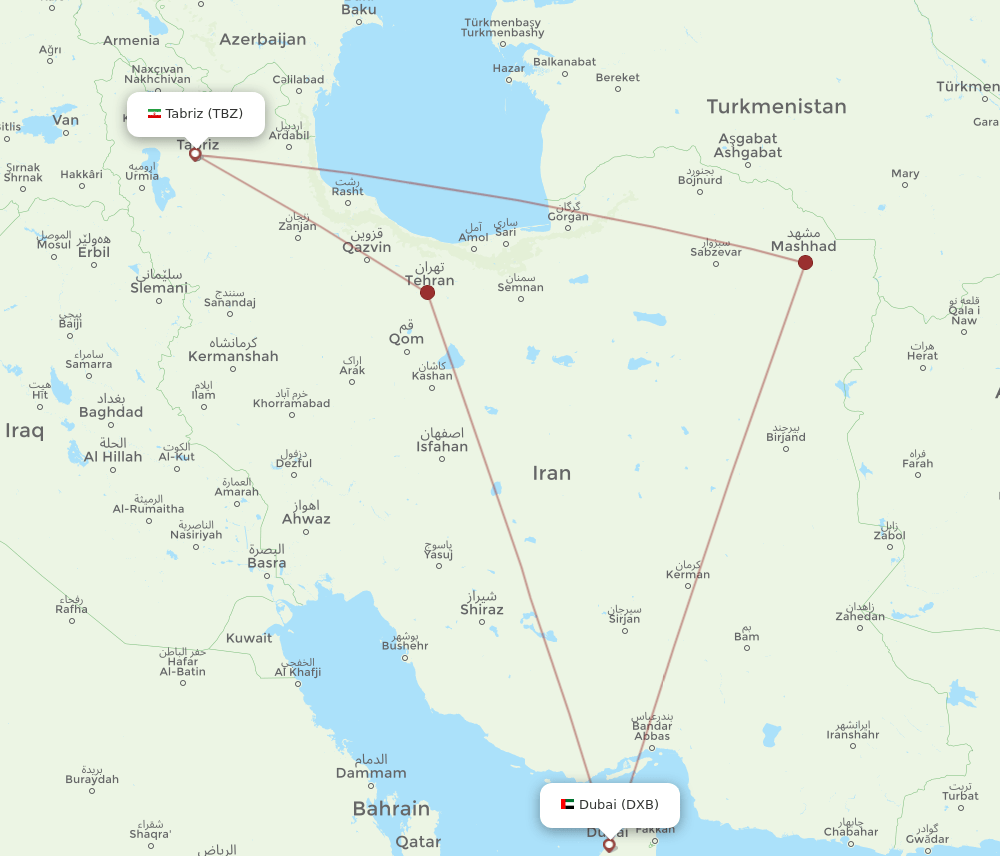 Tabriz - Dubai route map and flight paths
