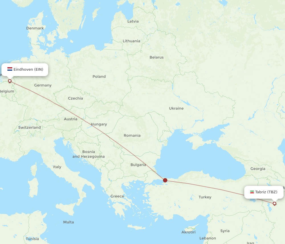 Eindhoven - Tabriz route map and flight paths