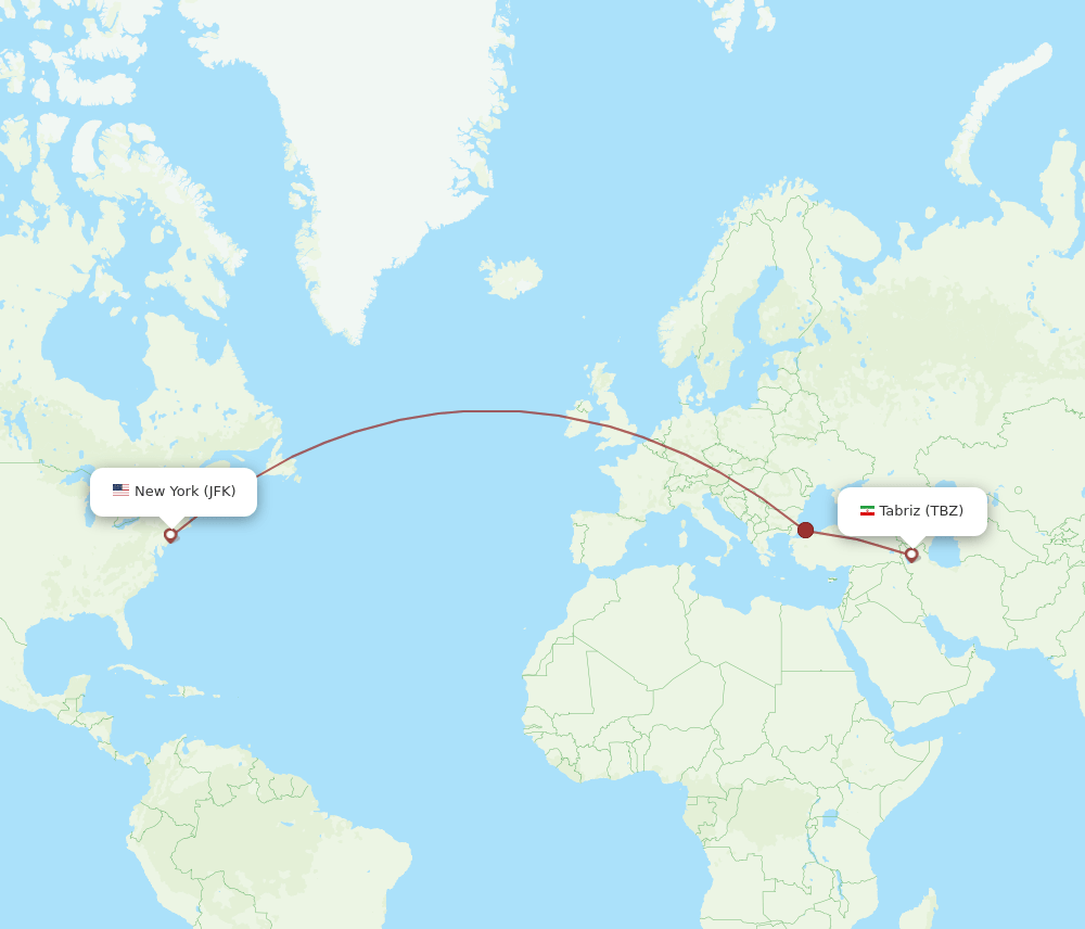 New York - Tabriz route map and flight paths