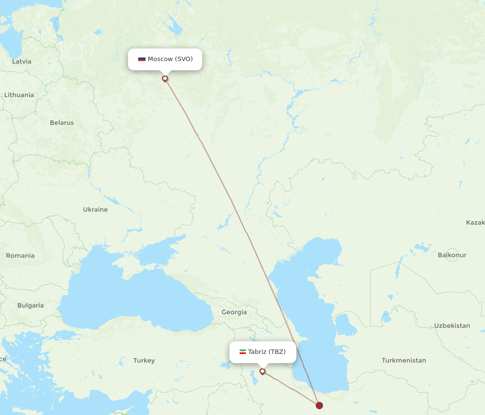 Moscow - Tabriz route map and flight paths