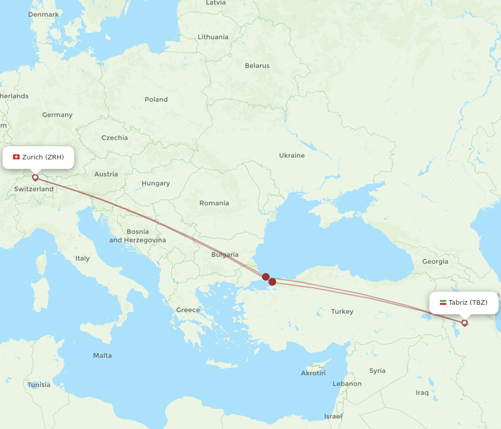 Zurich - Tabriz route map and flight paths