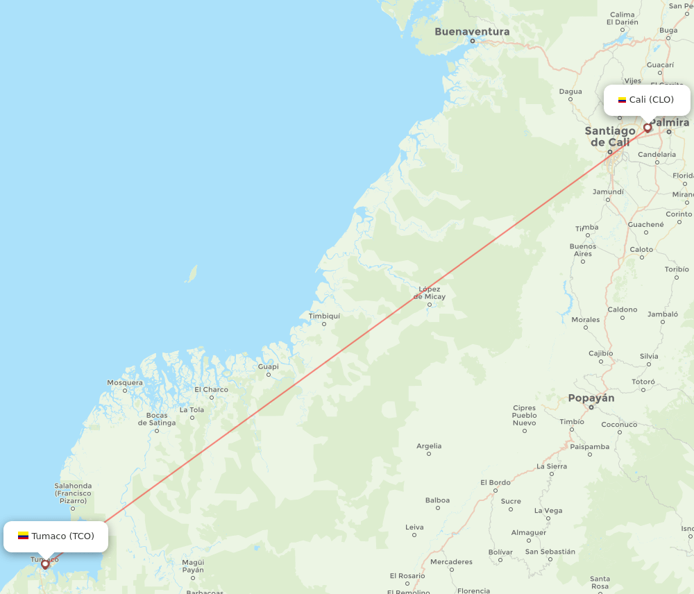 TCO to CLO flights and routes map