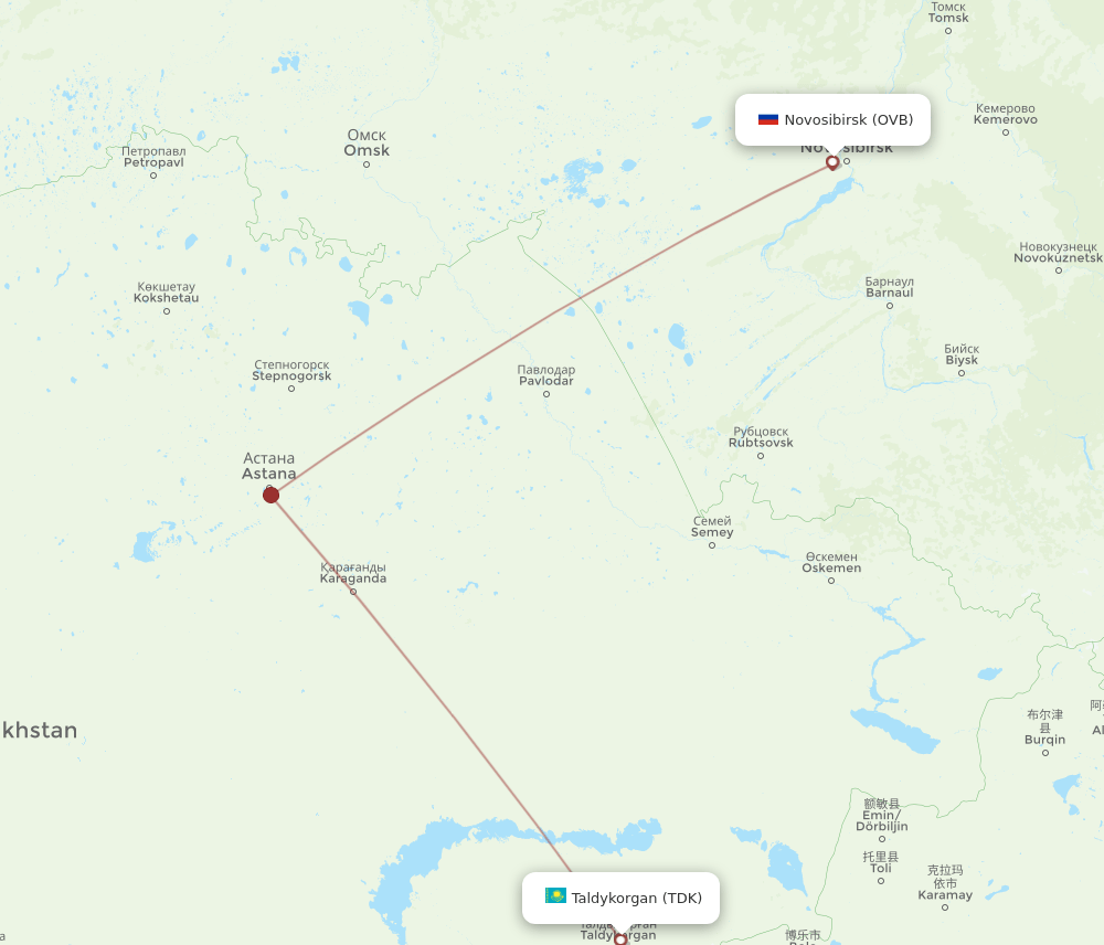 Novosibirsk - Taldykorgan route map and flight paths