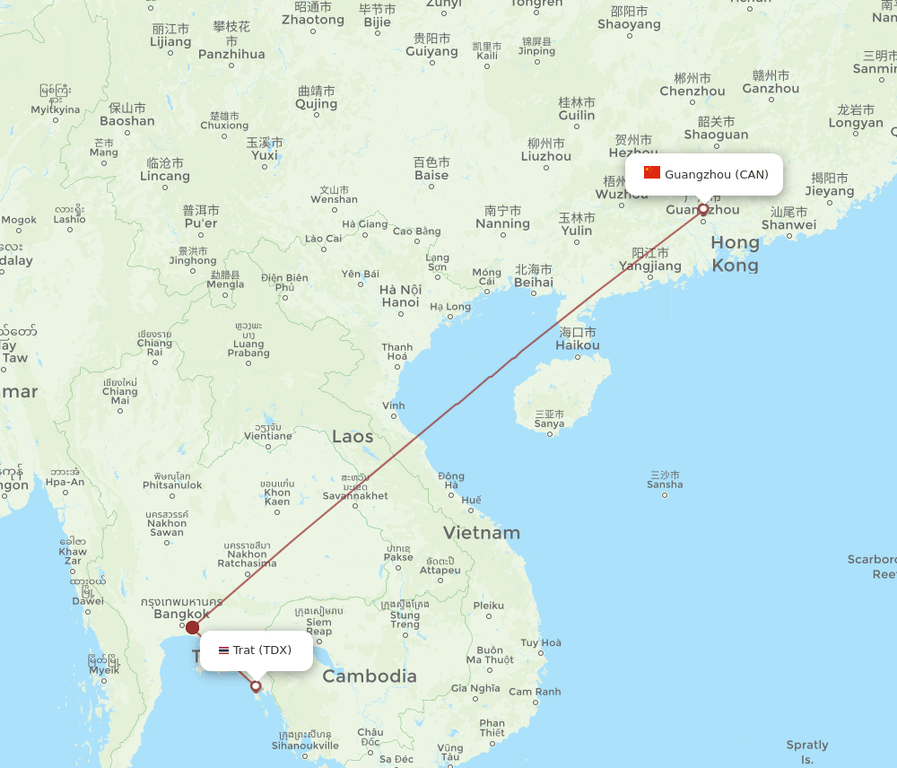 Guangzhou - Trat route map and flight paths