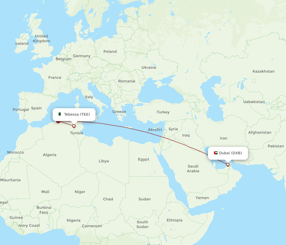 TEE-DXB flight routes