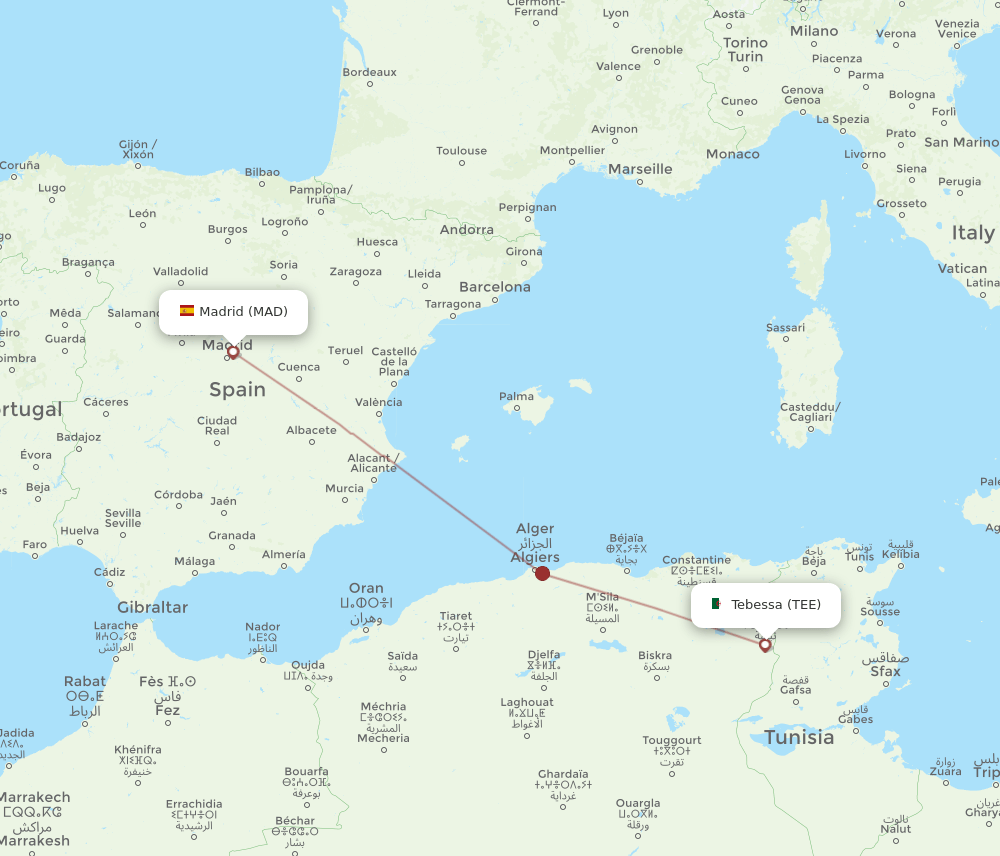 Madrid - Tebessa route map and flight paths