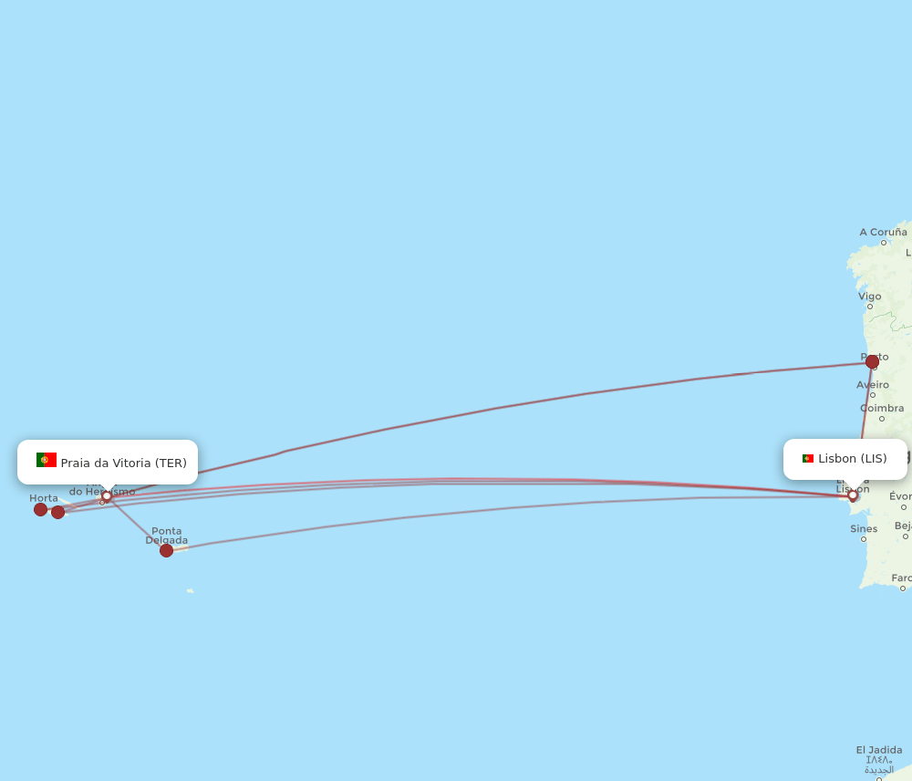 TER to LIS flights and routes map