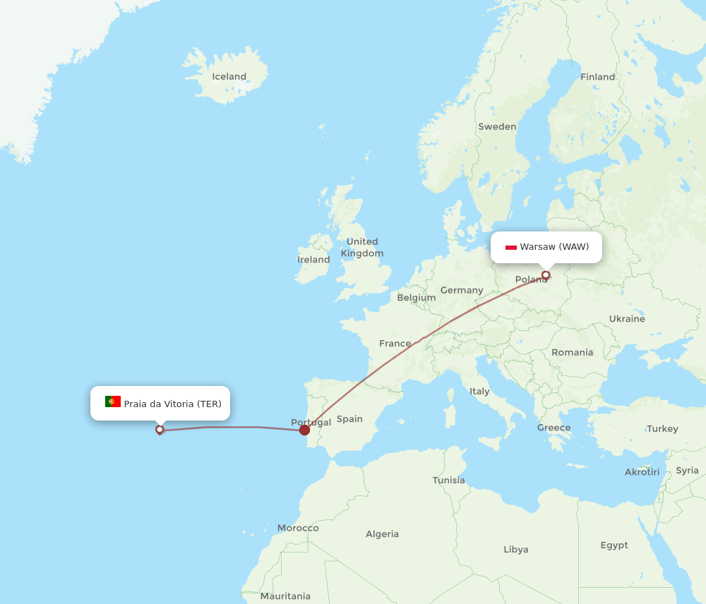 Warsaw - Terceira route map and flight paths